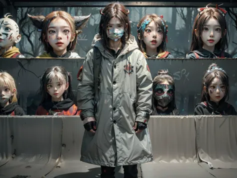 10 children wearing masks made of graffiti、creepy atmosphera、Dark forest background、Burning Shrine、the fire、Graffiti Mask、