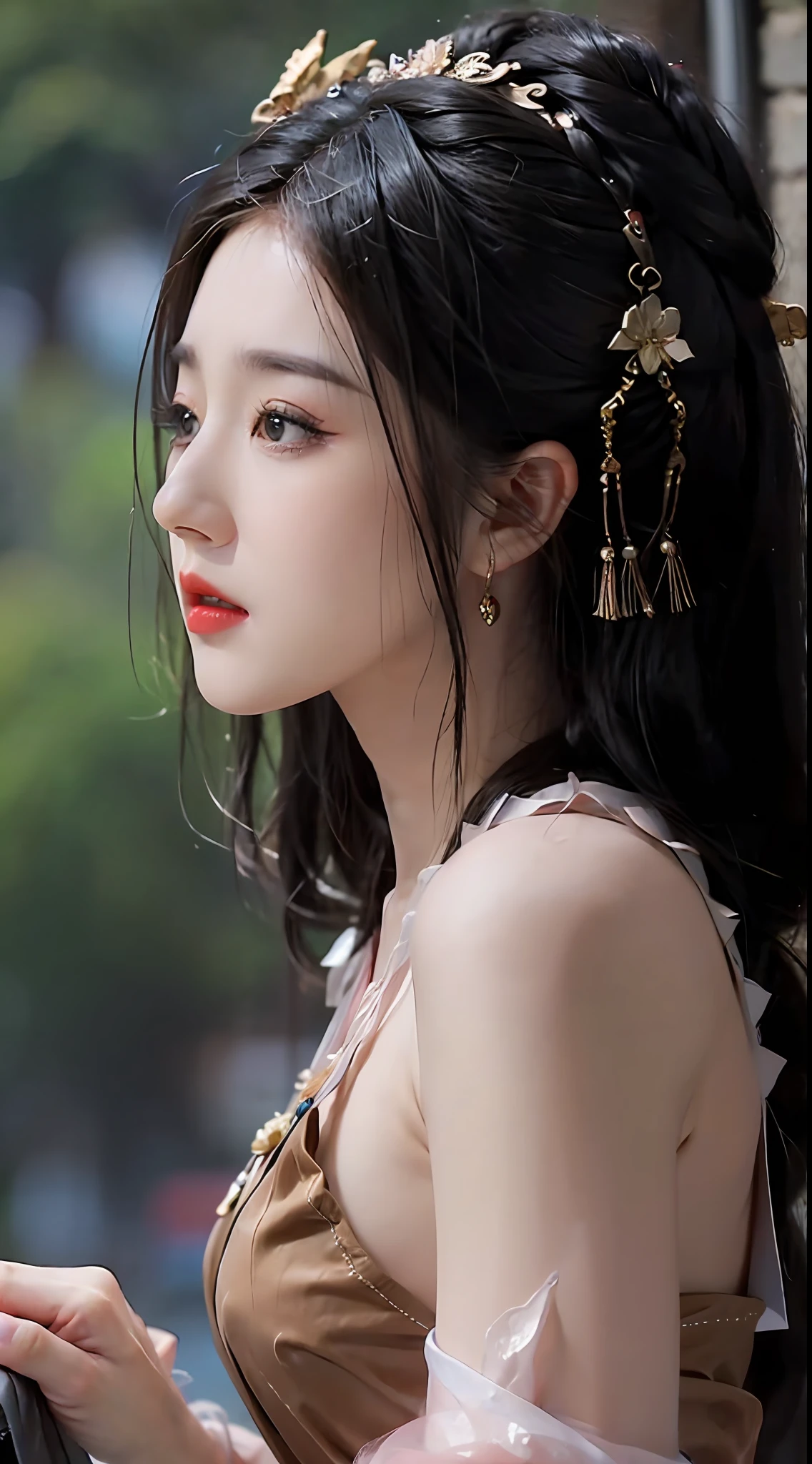 1 1 girl is extremely pretty and graceful, dressed in a slender, ancient han dynasty costume, masterpiece, highres, In the Dark: 1.6), Super realistic female portrait of David Hockney and Alphonse Mucha, realistic art, long silky black hair, double bangs, non-fiance style hair styling, chinese face, cute face, realistic girl, photorealism, dynamic lighting, artstation, volumetric lighting, very detailed faces, (((Oval face: 1.2))), ((short chin:1.8)), 8k ultra, Awarded, in the dark, deep shadow, low key, cowboy lens, red phoenix dress, bust, luxurious palace, hanfu style, crown, black eyes make up very sharp and detailed, face cleaning, the most beautiful face, Balanced teeth, bright white teeth, chinese pretty girl, the breasts are very big and round and round, breast augmentation, very tight breasts, Super realistic, chinese women's clothing, The eyes are very well made up, eye bags under wet makeup, guweiz, dunhuang style, wearing black mesh socks, long and neat black hair, double bangs, (((mouth closed: 0.9))), red lipstick, ((thick upper lip:0.6)), small and red lips, the landscape is overcast and thunderous, upper body portrait, Close-up of the main character, (Background details 1.8), smooth skin, rosy and smooth skin, HDR, UHD, 8k quality, detailed pixel, super realistic, ultra realistic, attractive girl, look at the girl's upper body, look directly at the viewer,