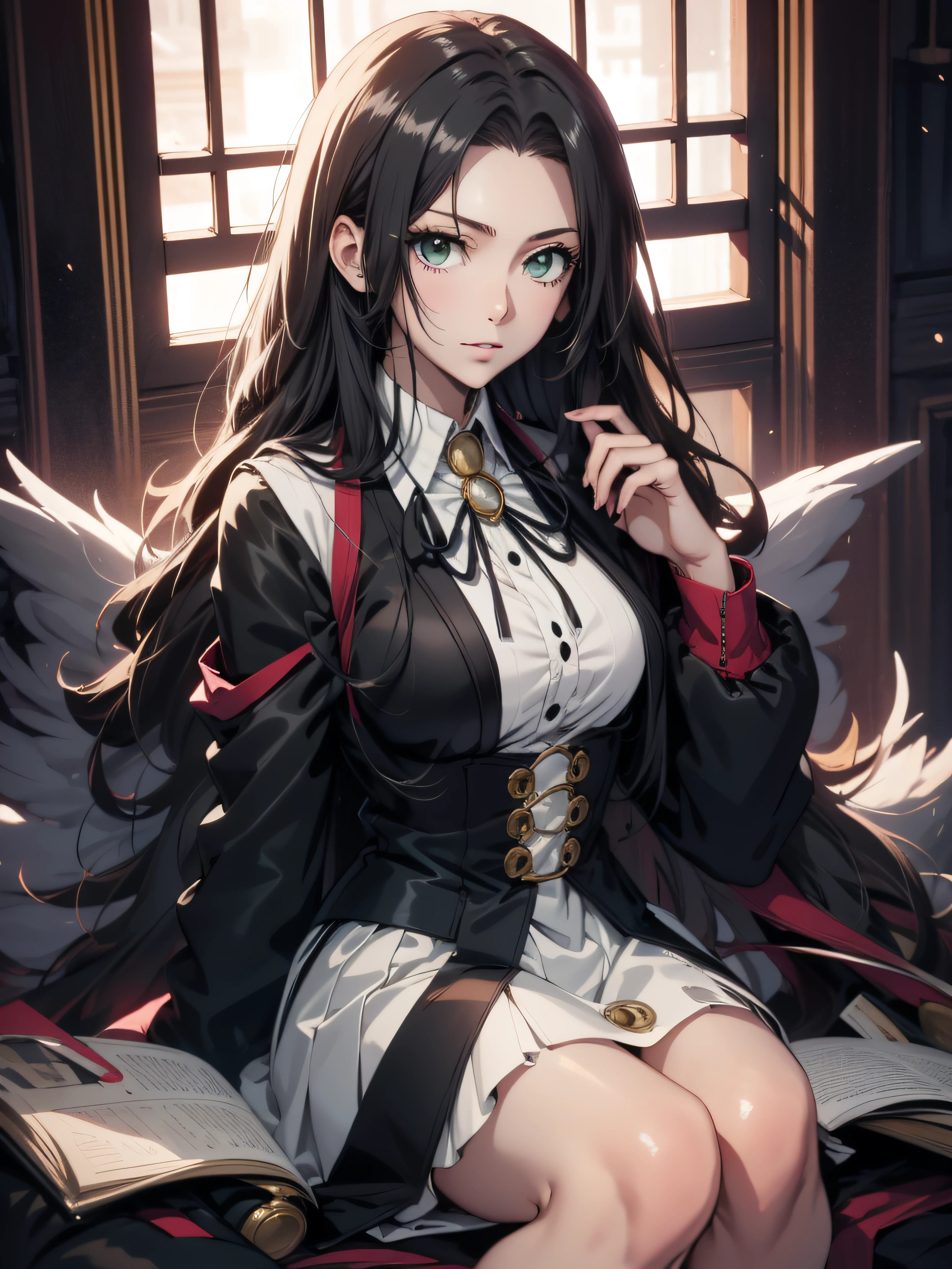 18 years old Anime girl, long raven hair, slightly wavy hair, parted bangs, Magus, green eyes, long black coat, white shirt, black skirt, aristocrat, noble attire, beautiful, ethereal