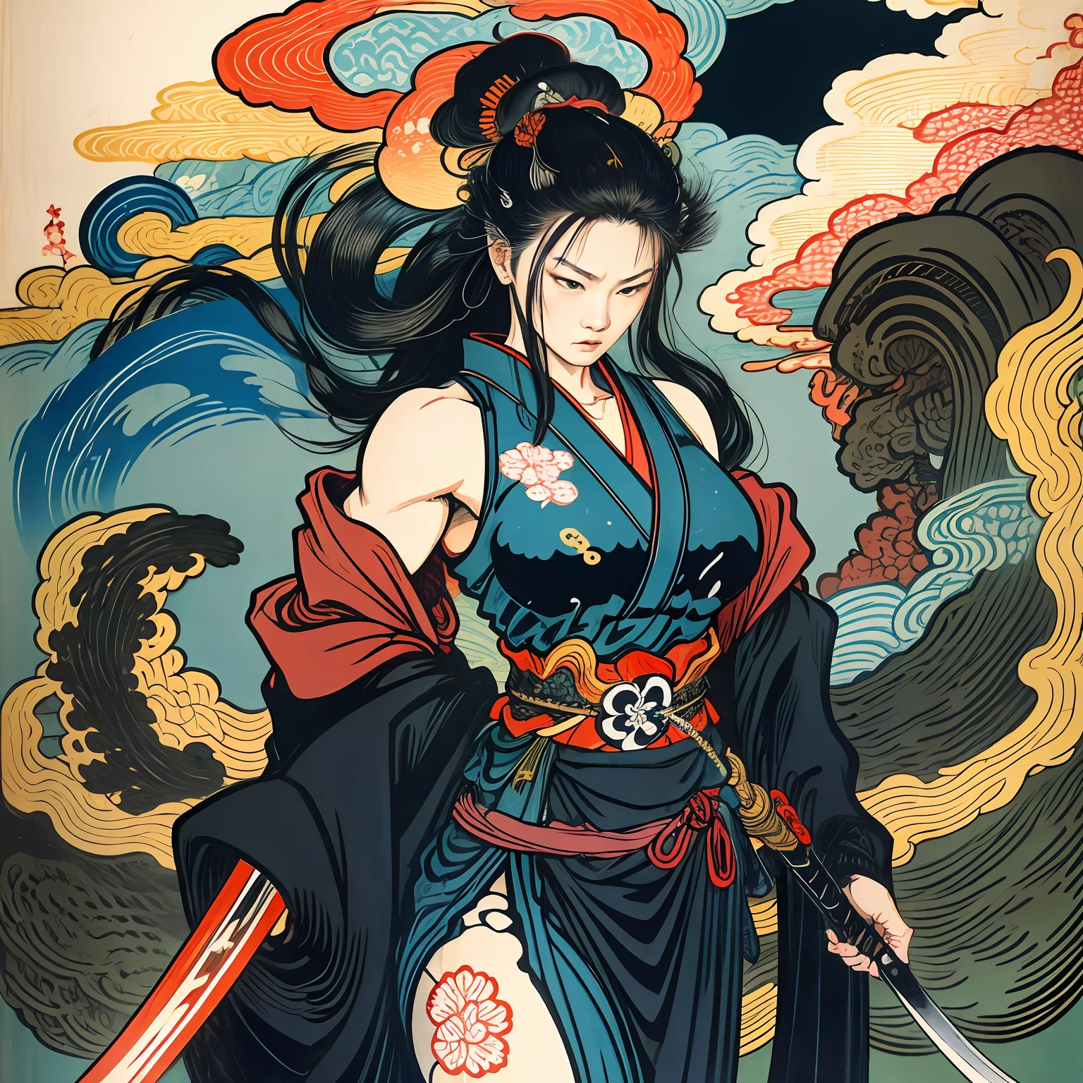 Es una pintura de cuerpo entero con colores naturales con dibujos lineales al estilo Katsushika Hokusai.. La espadachina es delgada y musculosa.. Mujer samurái de Japón. Con una expresión de determinación digna pero femenina., ella se enfrenta a los espíritus malignos. ella tiene el pelo largo y negro. La parte superior de su cuerpo está cubierta con un kimono negro y su hakama llega hasta las rodillas.. En su mano derecha sostiene una espada japonesa con una parte más larga.. en la más alta calidad, obra maestra de alta resolución estilo ukiyo-e relámpagos y llamas arremolinadas. Entre ellos, la guerrera samurai está parada con la espalda recta, mirando al frente.