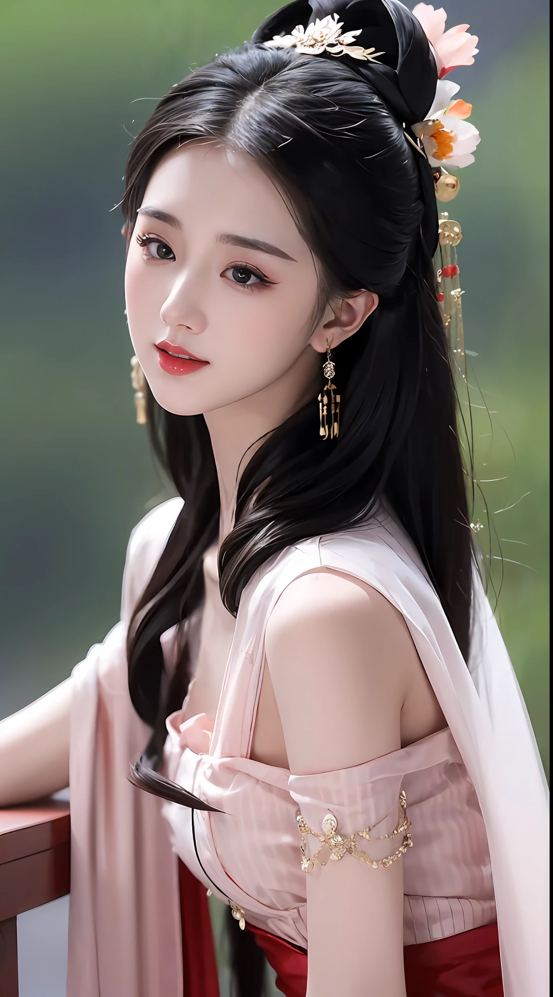 1 1 girl is extremely pretty and graceful, dressed in a slender, ancient han dynasty costume, masterpiece, highres, In the Dark: 1.6), Super realistic female portrait of David Hockney and Alphonse Mucha, realistic art, long silky black hair, double bangs, non-fiance style hair styling, chinese face, cute face, realistic girl, photorealism, dynamic lighting, artstation, volumetric lighting, very detailed faces, (((Oval face: 1.2))), ((short chin:1.8)), 8k ultra, Awarded, in the dark, deep shadow, low key, cowboy lens, red phoenix dress, bust, luxurious palace, hanfu style, crown, black eyes make up very sharp and detailed, face cleaning, the most beautiful face, Balanced teeth, bright white teeth, chinese pretty girl, the breasts are very big and round and round, breast augmentation, very tight breasts, Super realistic, chinese women's clothing, The eyes are very well made up, eye bags under wet makeup, guweiz, dunhuang style, wearing black mesh socks, long and neat black hair, double bangs, (((mouth closed: 0.9))), red lipstick, ((thick upper lip:0.6)), small and red lips, the landscape is overcast and thunderous, upper body portrait, Close-up of the main character, (Background details 1.8), smooth skin, rosy and smooth skin, HDR, UHD, 8k quality, detailed pixel, super realistic, ultra realistic, attractive girl, look at the girl's upper body, look directly at the viewer,