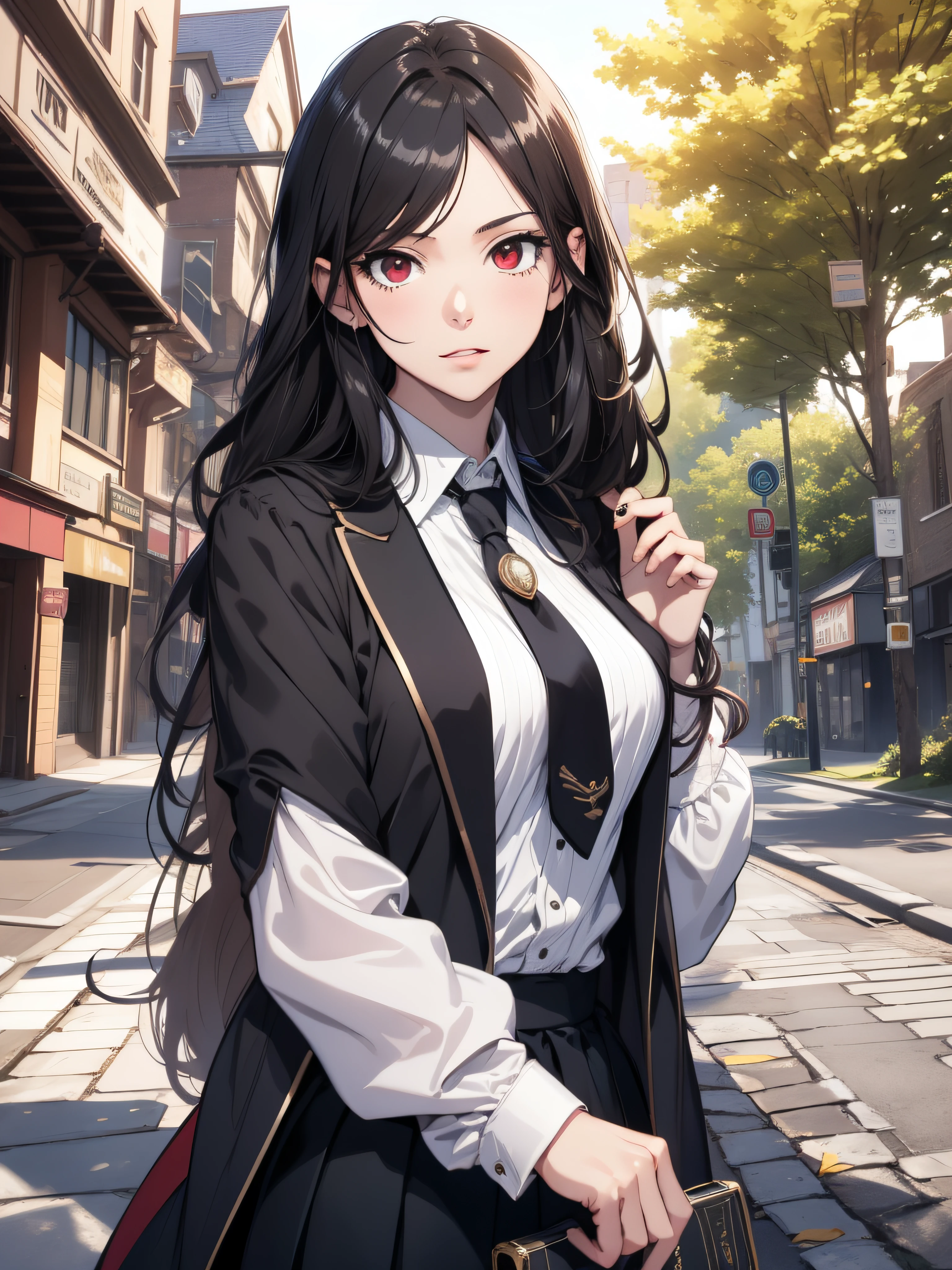 Anime girl with long black hair and a white shirt and black skirt - SeaArt  AI