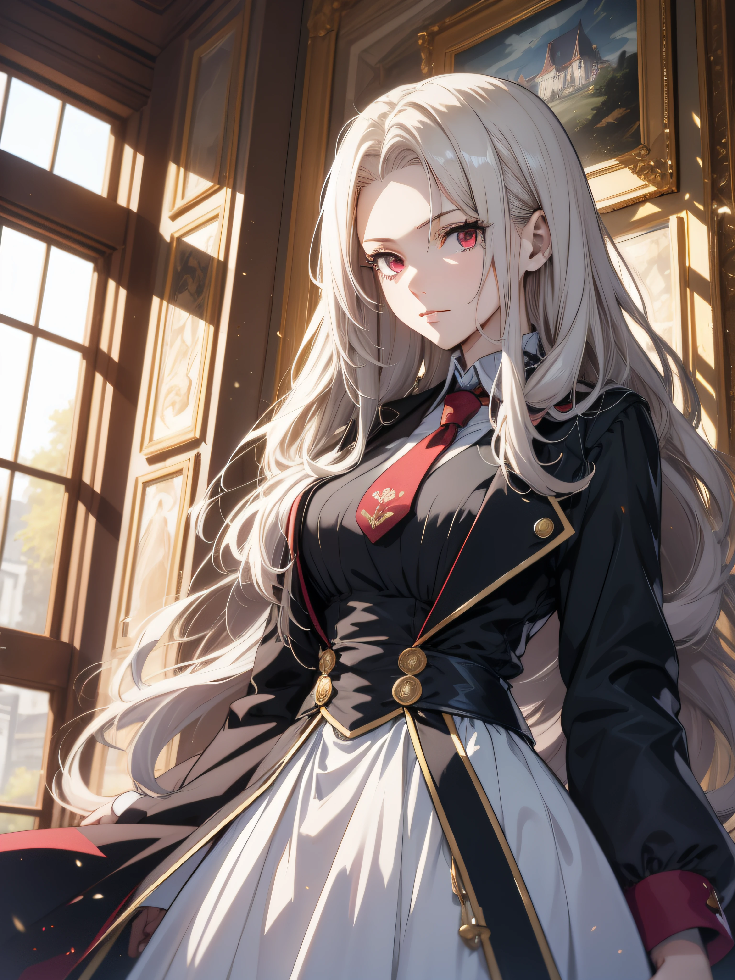 (best quality, masterpiece, ultra-detailed, extremely detailed, highres), (1girl, single, solo), 18 years old Anime girl, long raven hair, slightly wavy hair, parted bangs, Magus, red eyes, long black coat, necktie, white shirt, black skirt, aristocrat, noble attire, beautiful, ethereal, elegant, prestigious, classic, royal building