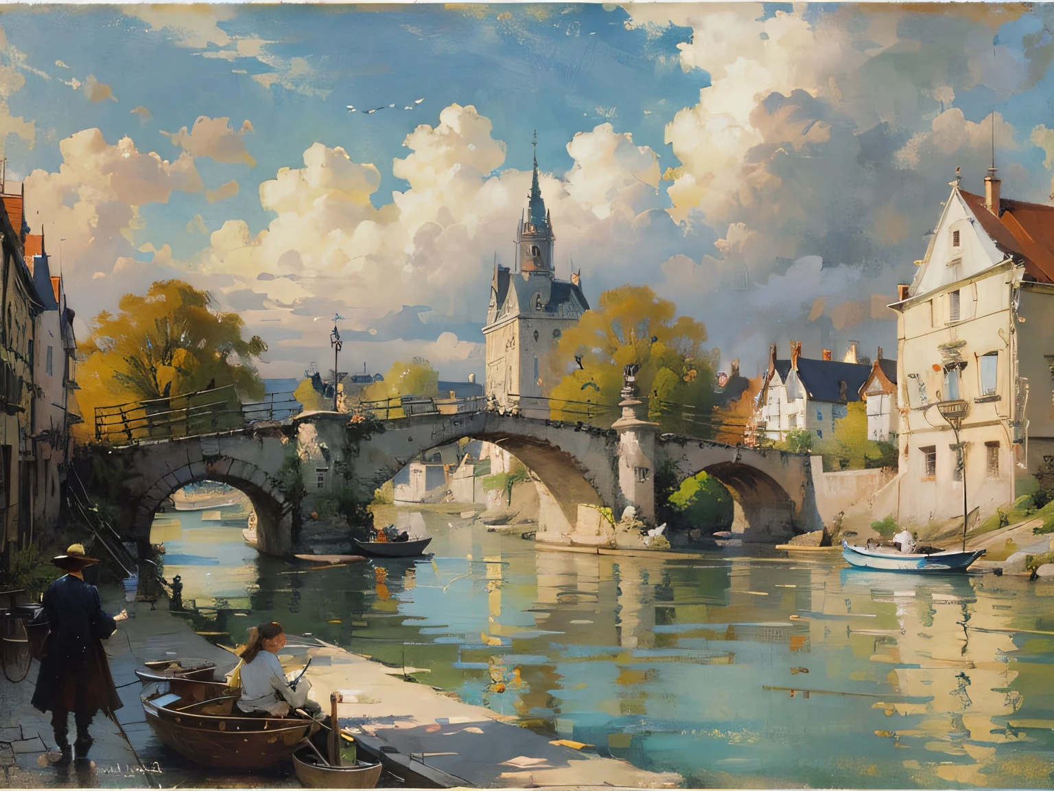 Gemälde eines Flusses mit einer Brücke und einem Gebäude im Hintergrund, von Pieter Franciscus Dierckx, by Carl Frederik von Breda, von Frits Thaulow, von Henri Harpignies, von Luigi Kasimir, by Eugène Brands, von Henri Biva, by Adolf Schrödter, von Ernest Biéler