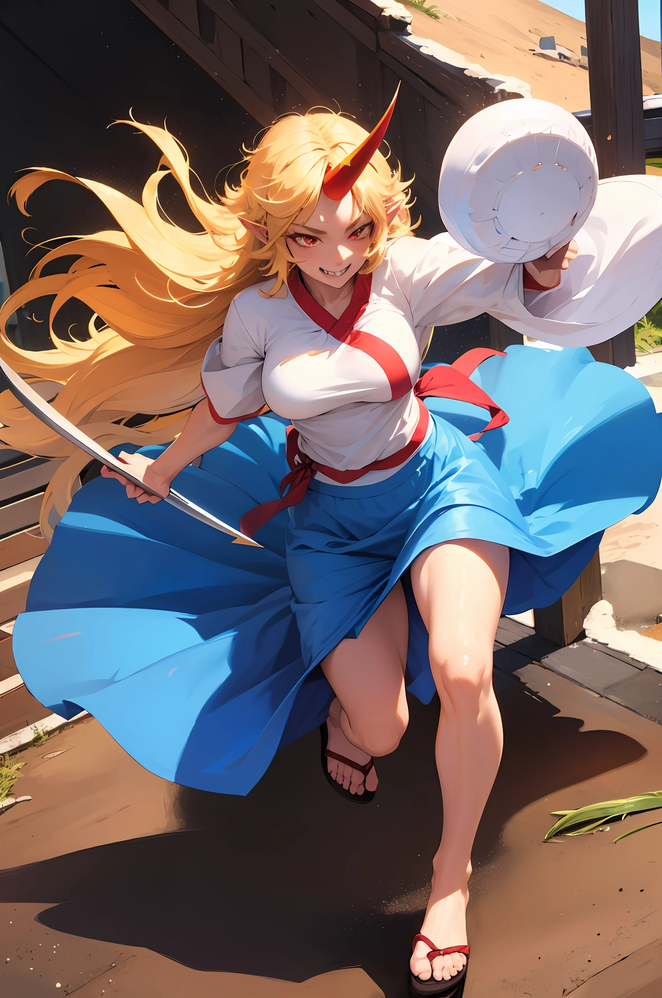 hoshiguma yuugi,1girl,single horn, pointy ears, blonde hair, long hair,yellow eyes,s ,white shirt,skirt,, muscle girl, huge breast,walking, single horn, long skirt, flip flops, sharpteeth, smile, tomboy,very long skirt, blue and red skirt, traditional germanic dress, red eyes, medieval city,full body