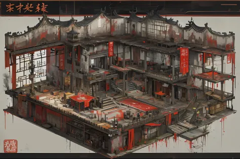 （（Section view of the interior of the four-story building）），（unmanned），（Multiple dilapidated rooms are neatly arranged），Chinese ...