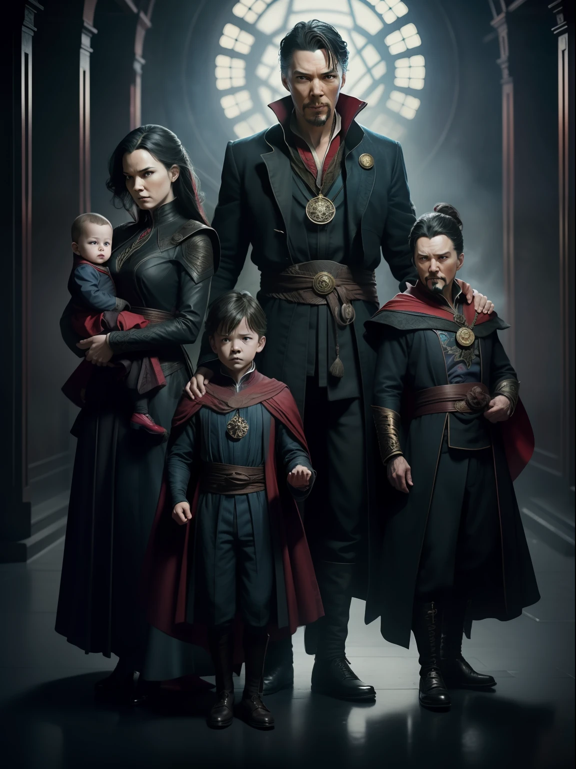 Ein dramatisches Bild von Dr.. Strange, seine Frau und ihre 2 Kinder, Fotostudio-Stil, Center, im Kinostil mit extremem Realismus und Detailtreue gerendert, Ganzkörperaufnahme