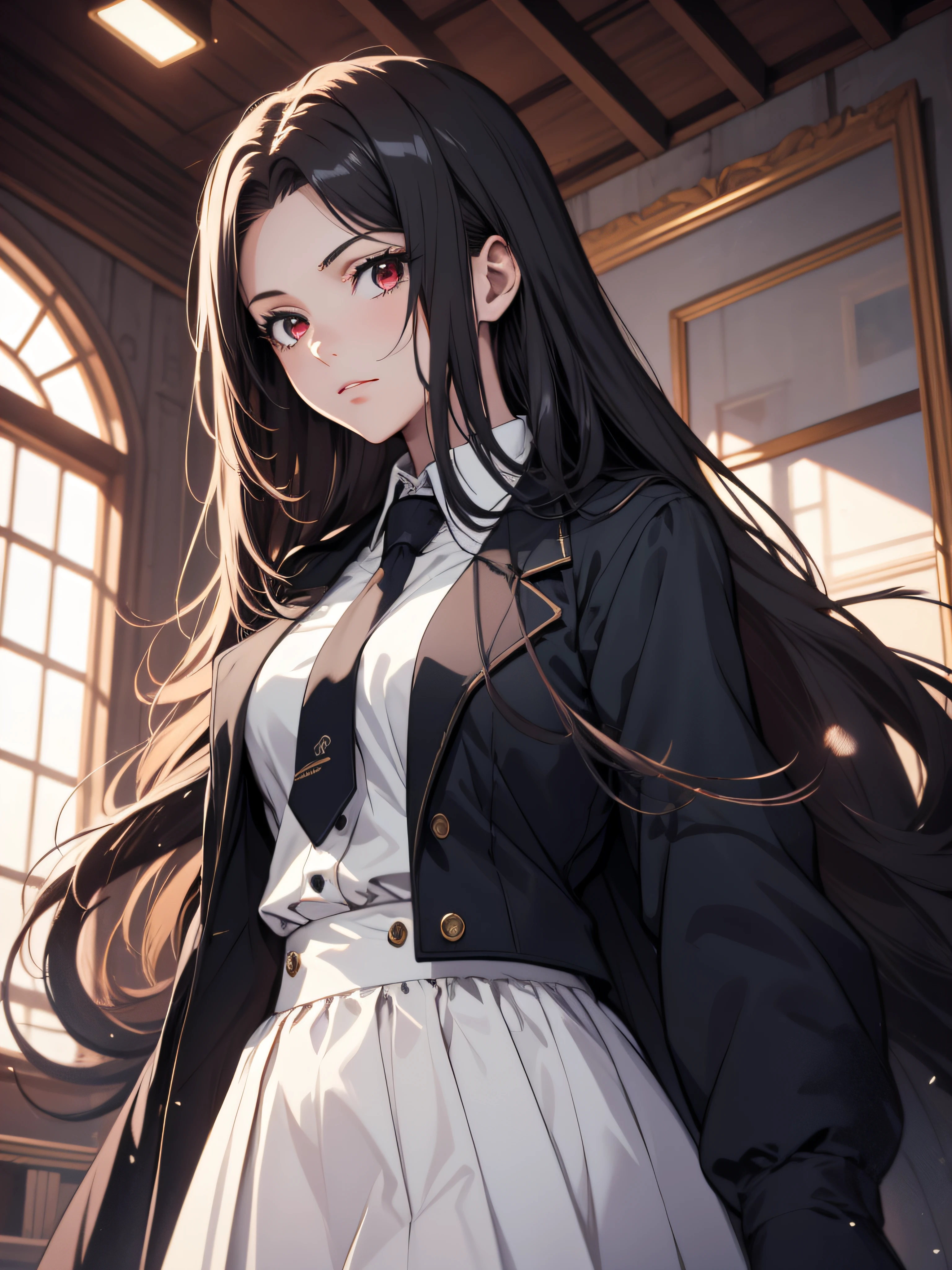 (best quality, masterpiece, ultra-detailed, extremely detailed, highres), (1girl, single, solo), 18 years old Anime girl, long raven hair, slightly wavy hair, parted bangs, Magus, red eyes, long black coat, necktie, white shirt, black skirt, aristocrat, noble attire, beautiful, ethereal, elegant, prestigious, classic, royal building