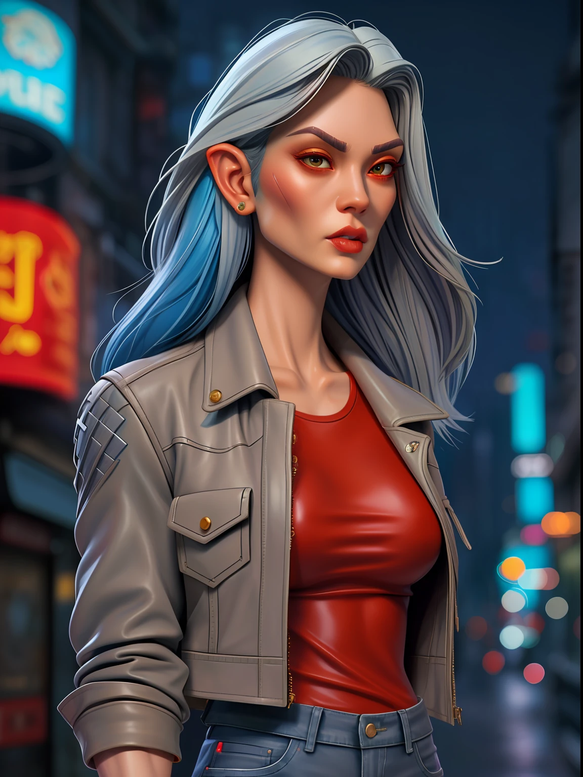 masterpiece, best quality, high quality, realistic drow, detailed lips, detailed face, detailed eyes, 1asiangirl, leather jacket, red t-shirt, jeans, pointy ears, (grey skin, white skin:1.4), red eyes, cotton candy blue hair, neon lights, cyberpunk, alley, cyberpunk, handgun, holding weapon, gun pointing up,  walking, revolver, realistic, detailed face, detailed skin, detailed lips, masterpiece, high quality,