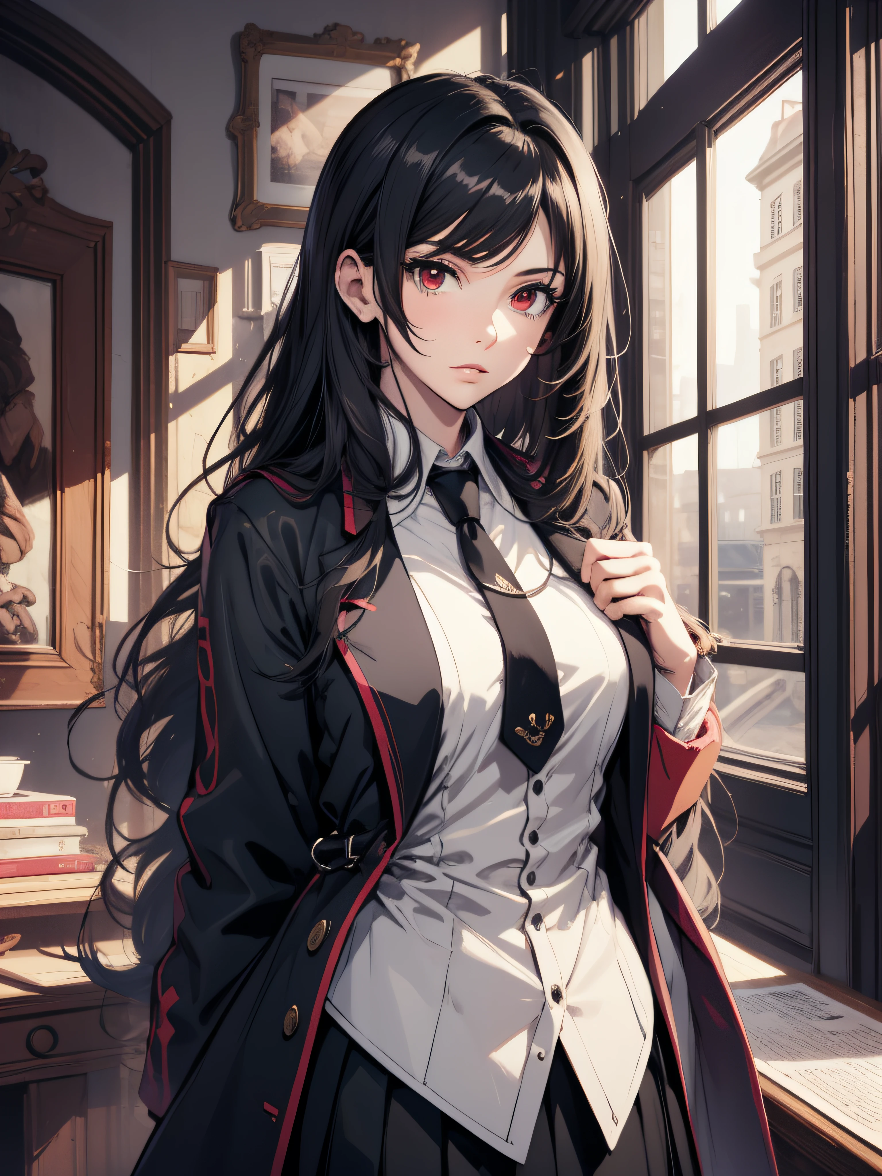 (best quality, masterpiece, ultra-detailed, extremely detailed, highres), (1girl, single, solo), 1 Anime girl, long raven hair, slightly wavy hair, parted bangs, Magus, red eyes, long black coat, necktie, white shirt, black skirt, aristocrat, noble attire, beautiful, ethereal, elegant, prestigious, classic, royal building