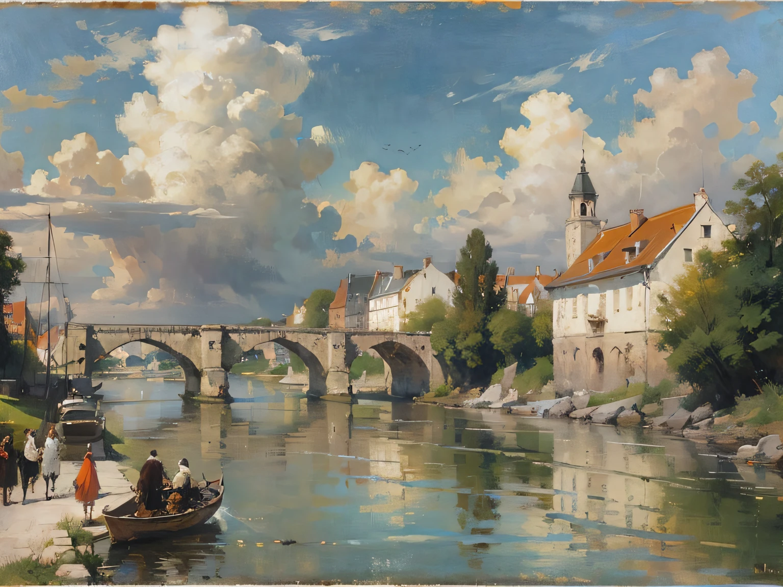 painting of a river with a bridge and a building in the background, by Pieter Franciscus Dierckx, by Carl Frederik von Breda, by Frits Thaulow, by Henri Harpignies, by Luigi Kasimir, by Eugène Brands, by Henri Biva, by Adolf Schrödter, by Ernest Biéler