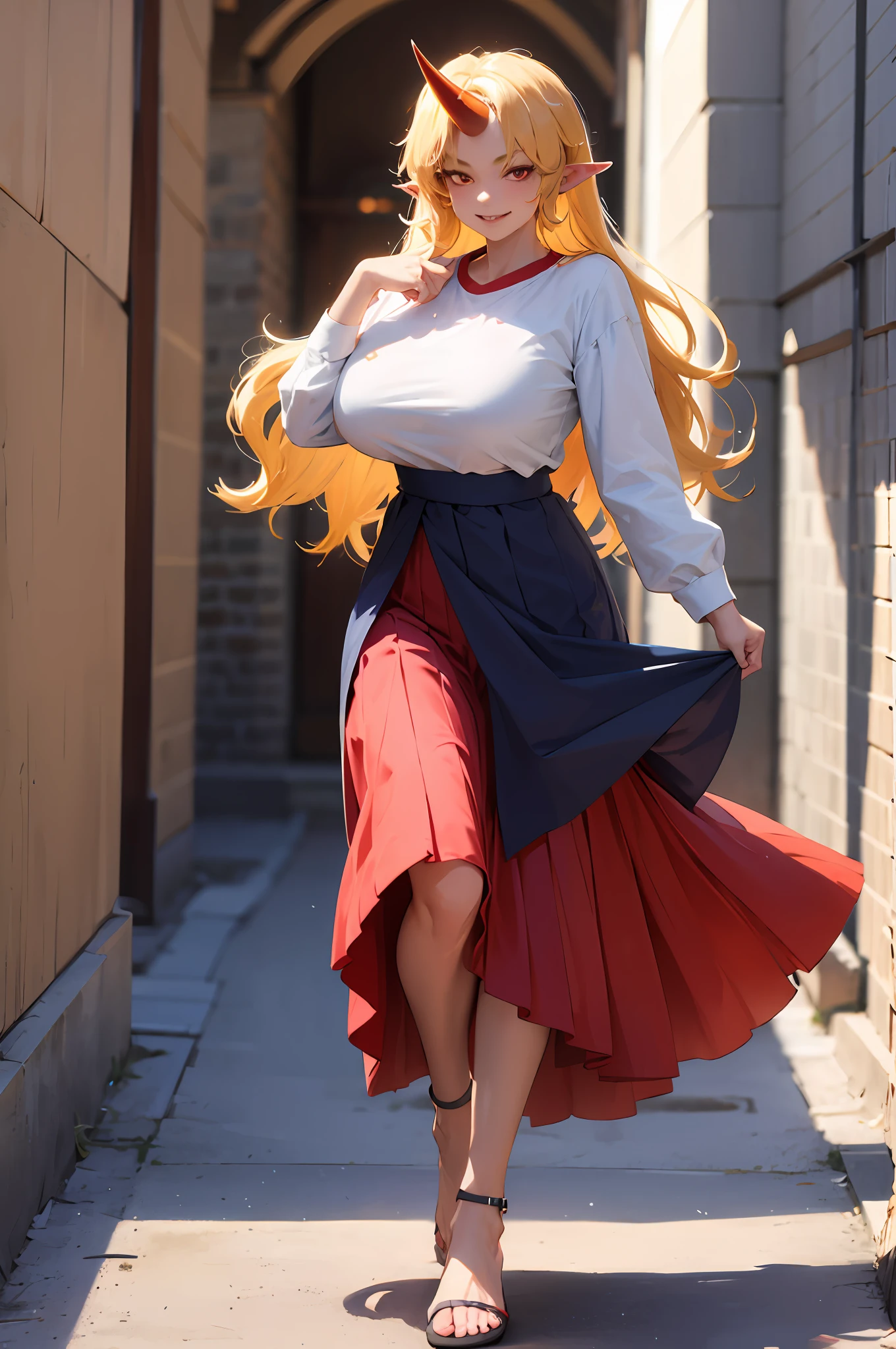 hoshiguma yuugi,1girl,single horn, pointy ears, blonde hair, long hair,yellow eyes,s ,white shirt,skirt,, muscle girl, huge breast,walking, single horn, long skirt, flip flops, sharpteeth, smile, tomboy,very long skirt, blue and red skirt, traditional germanic dress, red eyes, medieval city,full body