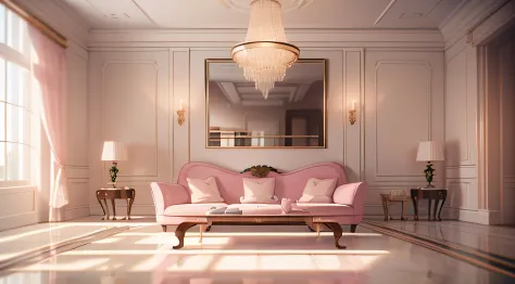living room interior design，Pink and cream style
Minimalism，solidcolor，photography of，furniture design，Shot in natural light and...