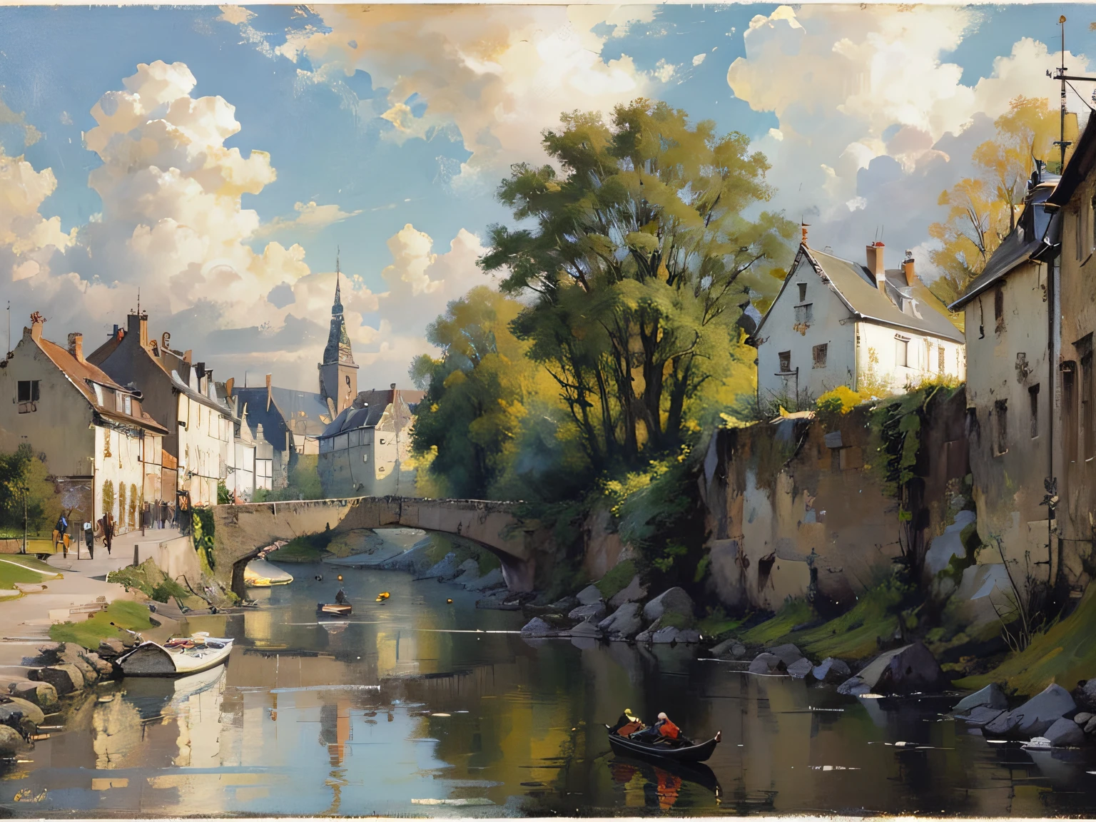 Gemälde eines Flusses mit einer Brücke und einem Gebäude im Hintergrund, von Pieter Franciscus Dierckx, by Carl Frederik von Breda, von Frits Thaulow, von Henri Harpignies, von Luigi Kasimir, by Eugène Brands, von Henri Biva, by Adolf Schrödter, von Ernest Biéler