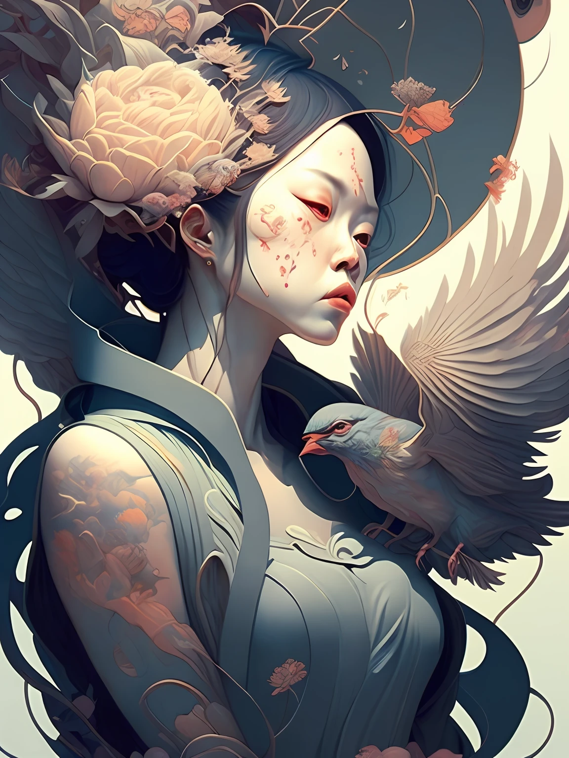 cyberpunk style, a painting of an asian woman with flowers and leaves on her head and a bird on her shoulder by James Jean