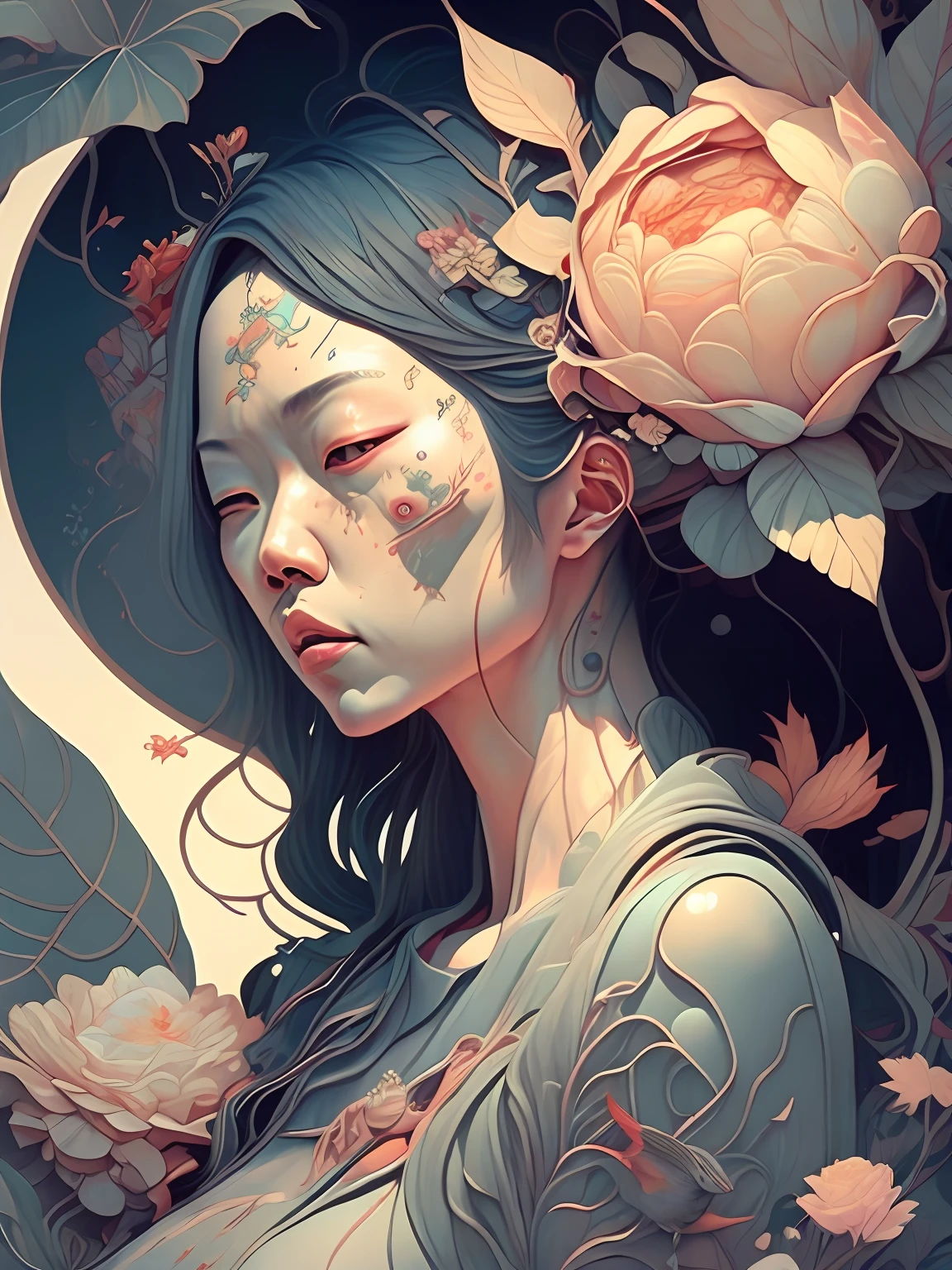 cyberpunk style, a painting of an asian woman with flowers and leaves on her head and a bird on her shoulder by James Jean