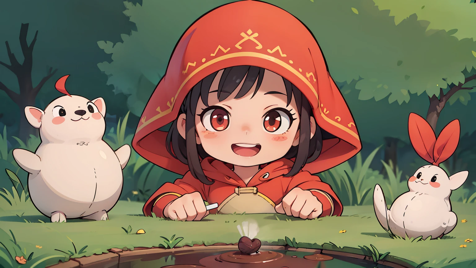 young girls, red hooded cloak, holding soil, earthworms visible, looking on camera, cartoon style, digital artwork, childlike innocence theme, high-resolution optimized for sticker clarity, happy, half body portrait, no background