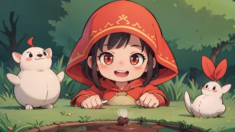 young girls, red hooded cloak, holding soil, earthworms visible, looking on camera, cartoon style, digital artwork, childlike in...