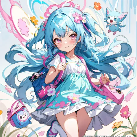 Anime girl with blue hair and pink backpack in a flower field, Splash art anime Loli, style of anime4 K, trending on artstation ...