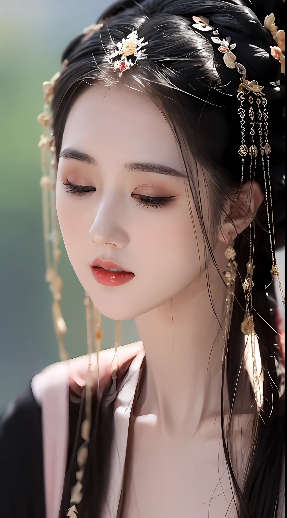 1 1 girl is extremely pretty and graceful, dressed in a slender, ancient han dynasty costume, masterpiece, highres, In the Dark: 1.6), Super realistic female portrait of David Hockney and Alphonse Mucha, realistic art, long silky black hair, double bangs, non-fiance style hair styling, chinese face, cute face, realistic girl, photorealism, dynamic lighting, artstation, volumetric lighting, very detailed faces, (((Oval face: 1.2))), ((short chin:1.8)), 8k ultra, Awarded, in the dark, deep shadow, low key, cowboy lens, red phoenix dress, bust, luxurious palace, hanfu style, crown, black eyes make up very sharp and detailed, face cleaning, the most beautiful face, Balanced teeth, bright white teeth, chinese pretty girl, the breasts are very big and round and round, breast augmentation, very tight breasts, Super realistic, chinese women's clothing, The eyes are very well made up, eye bags under wet makeup, guweiz, dunhuang style, wearing black mesh socks, long and neat black hair, double bangs, (((mouth closed: 0.9))), red lipstick, ((thick upper lip:0.6)), small and red lips, the landscape is overcast and thunderous, upper body portrait, Close-up of the main character, (Background details 1.8), smooth skin, rosy and smooth skin, HDR, UHD, 8k quality, detailed pixel, super realistic, ultra realistic, attractive girl, look at the girl's upper body, look directly at the viewer, get close to the girl, take a close-up photo of the girl,