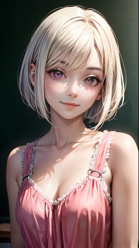 kawaiitech,pastel color, kawaii, cute colors ,classroom, pink, scholar , scroll, 1girl ,long hair, pale skin,white hair, glowing eyes, smile ,closed mouth,bob cut, ((Best quality)), ((masterpiece)), (highly detailed:1.3), (photorealistic:1.4)