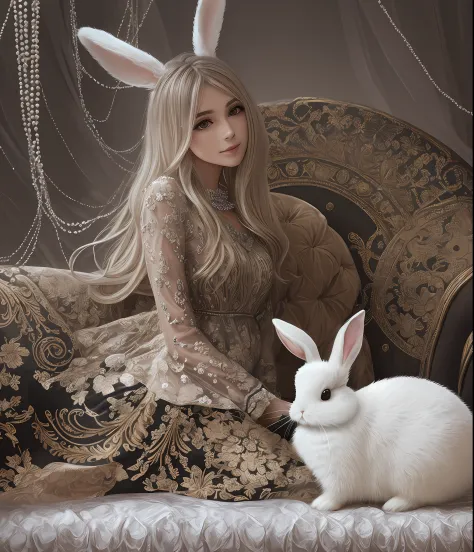 Woman Sitting on a Sofa Made with Pearls and Diamonds with his Cute White Rabbit, Tiny Light coming from Background, Black 3D BG...