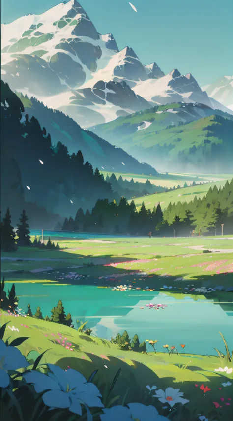 Towering snow-capped mountains, turquoise lake, (forest), flowers, trees, grass, bamboo, spring, sunny, strong sunlight, chiaroscuro, cliffs, panoramao, 8K, high quality