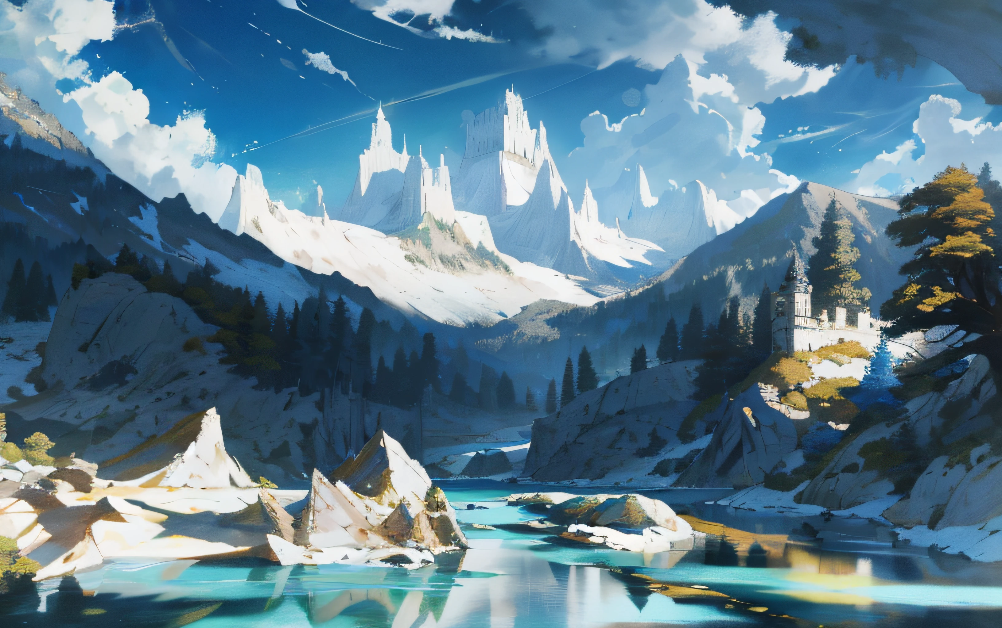 Mountains, rivers, palaces, blue skies, white clouds, trees.