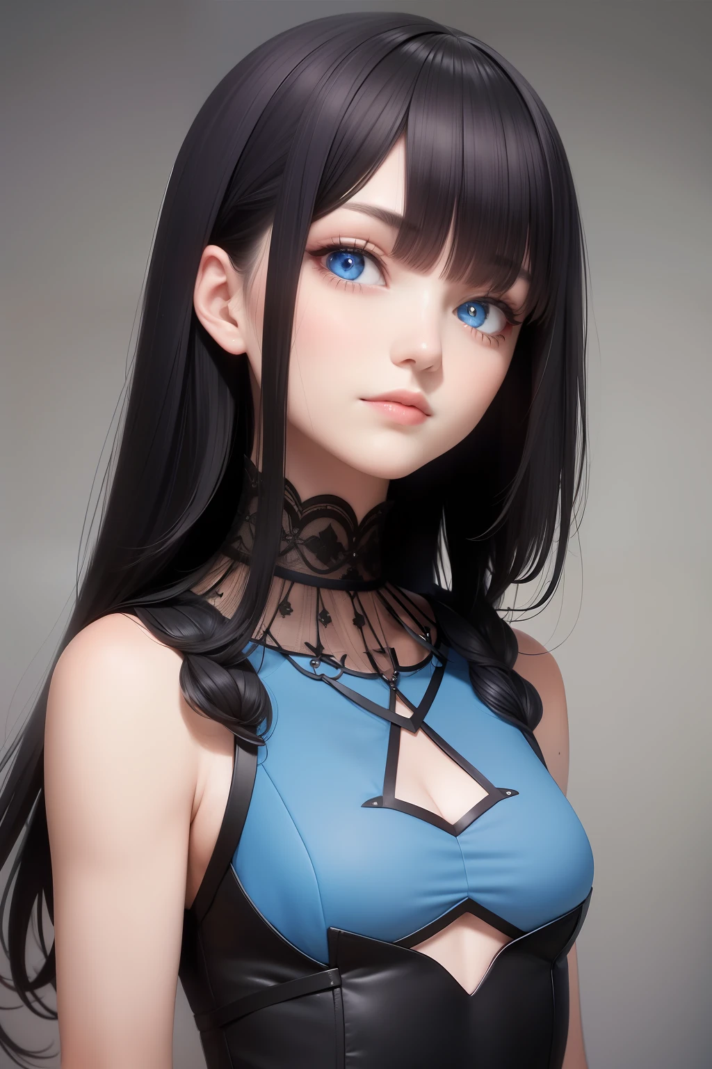 best quality, masterpiece, black hair, blue eyes, looking up, upper body