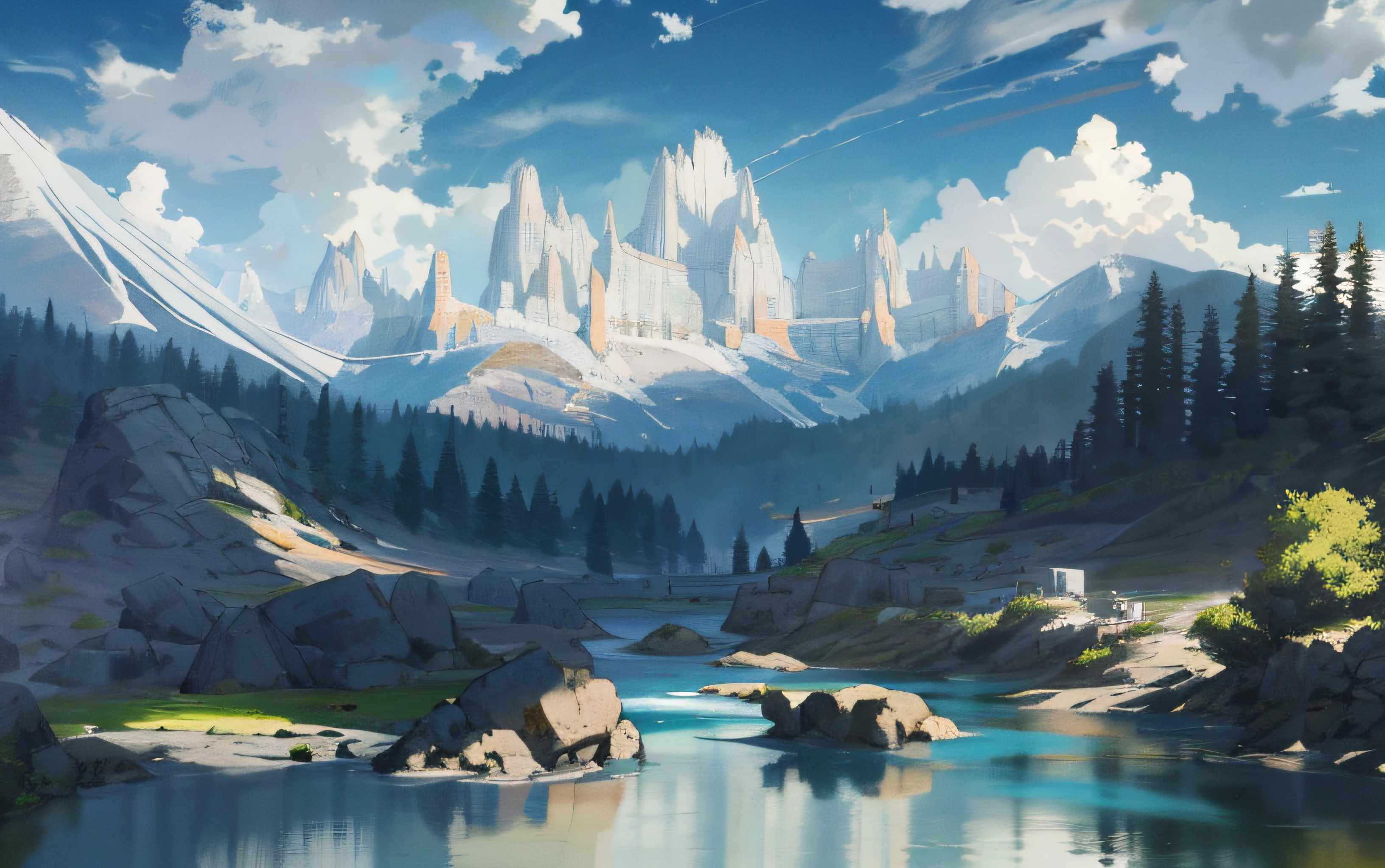 Mountains, rivers, palaces, blue skies, white clouds, trees.