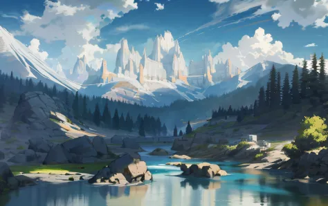 mountains, rivers, palaces, blue skies, white clouds, trees.