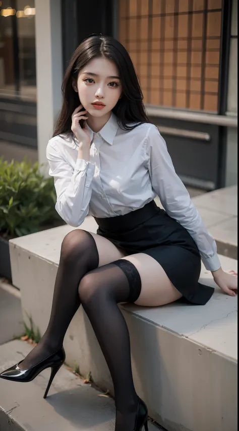 Best quality, full body portrait, delicate face, pretty face, 25 year old woman, slim figure, small bust, OL uniform, office clothes, black stockings, outdoor scene, sitting position