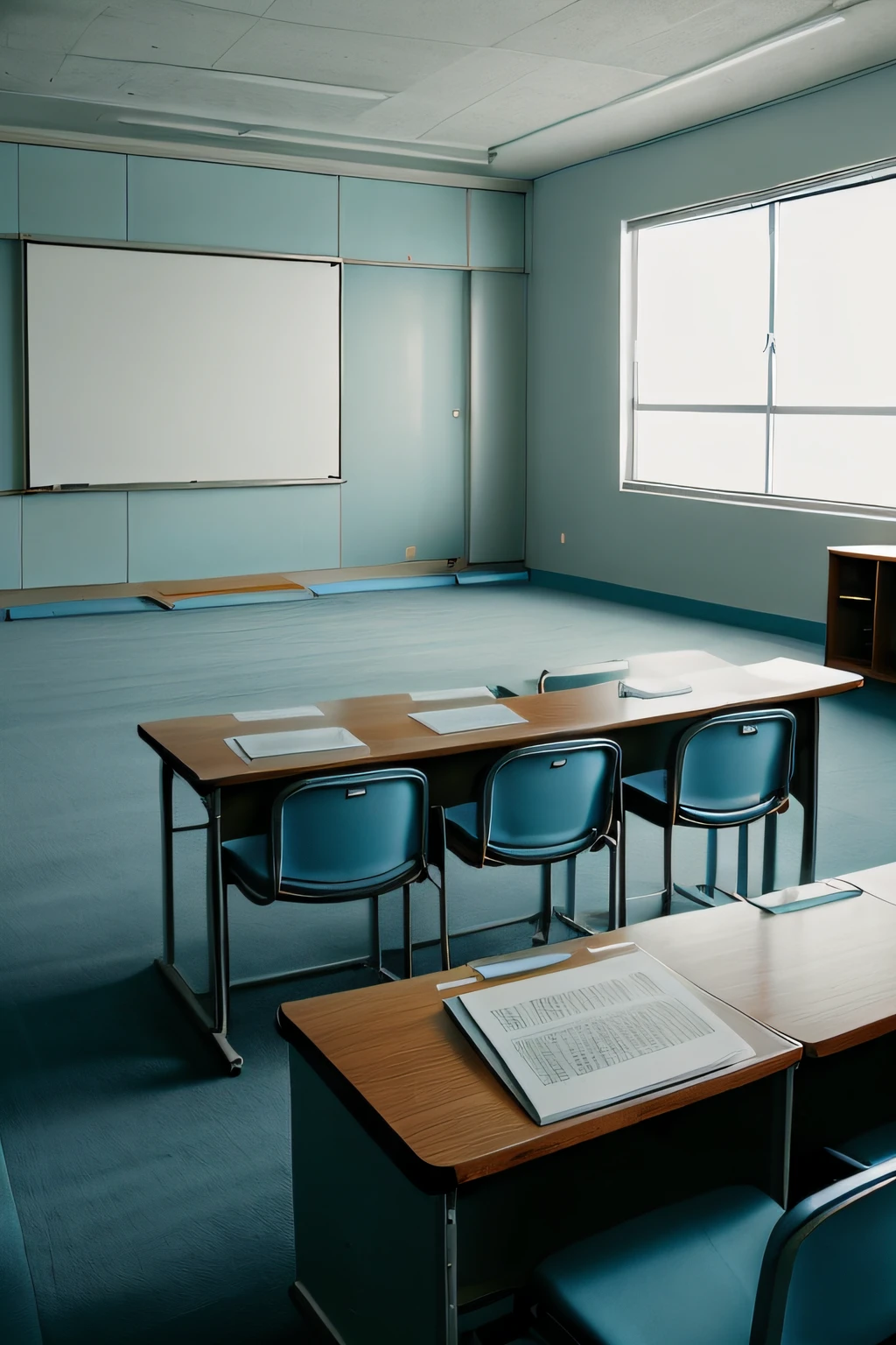 ‎Classroom，The podium is surreal，unnatural，A modest room，There is a screen cloth，pale blue tone