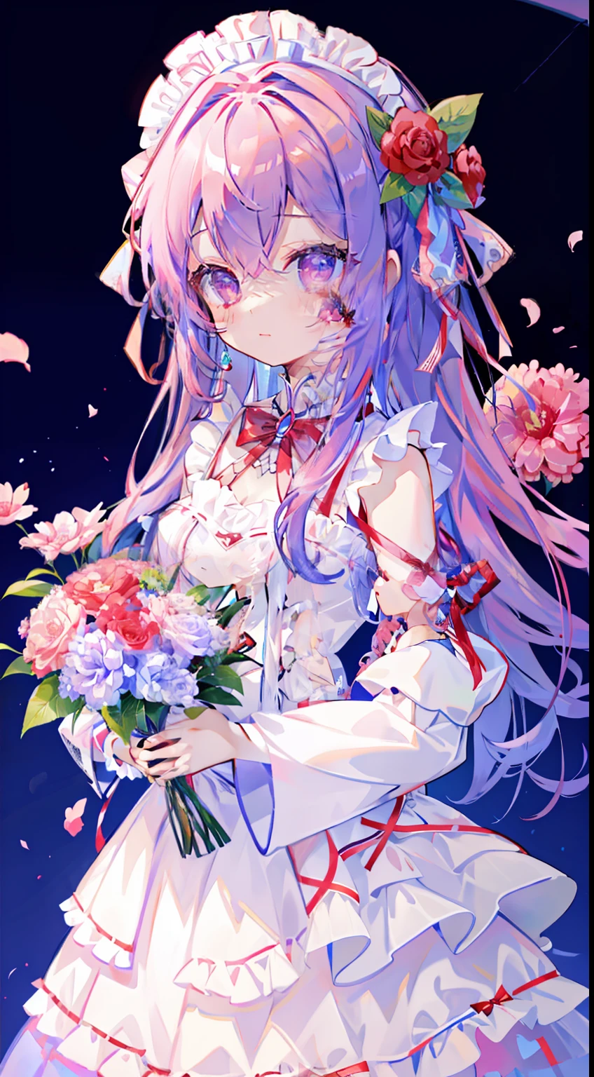 Standing Picture、full bodyesbian、One Girl、Colorful mesh hair、Red mesh、Pink mesh、Blue Mesh、silber hair、Long、flower bouquet、flowers background、​masterpiece、top-quality、Top image quality、Shoulder Length Clothing、frilld、bow ribbon、Ribbon on the back、