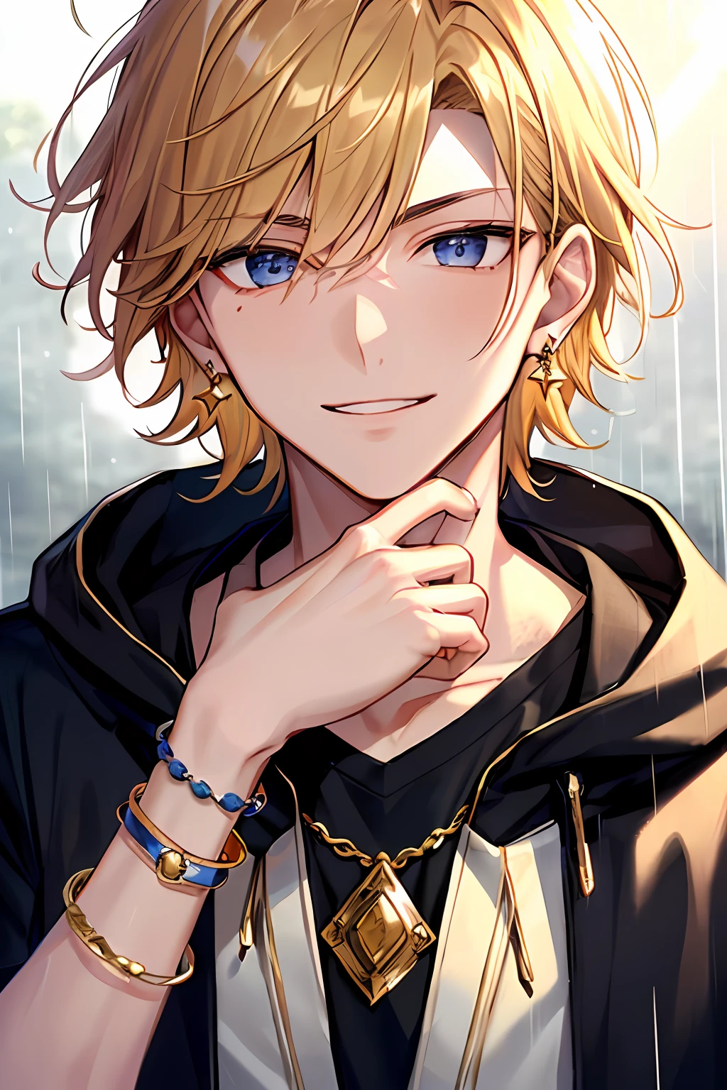 Anime boy with blonde hair and blue eyes in the rain - SeaArt AI