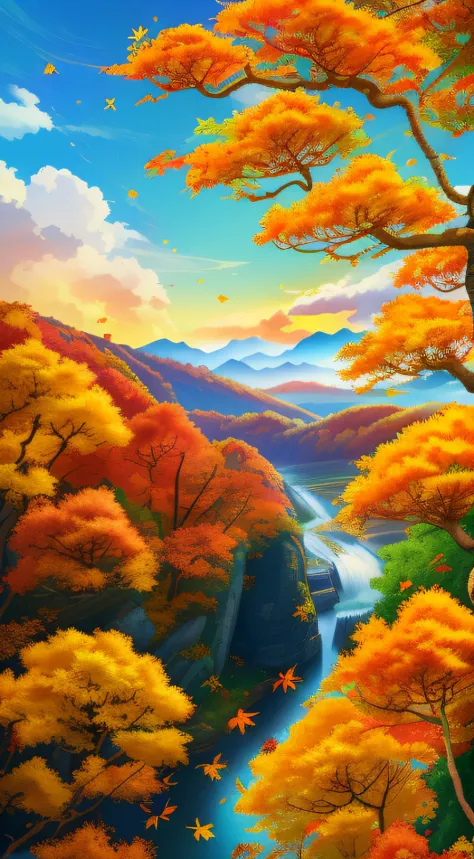 autumnal，Chinese solar terms poster，autumnal，Yellow leaves，fall leaves，Yellow leaves，mont，Foliage，Autumn landscape，Twenty solar terms，Traditional Chinese solar term term，autumnal，tmasterpiece、8K ，Faraway view，balmy autumn day，with blue sky and white clouds...