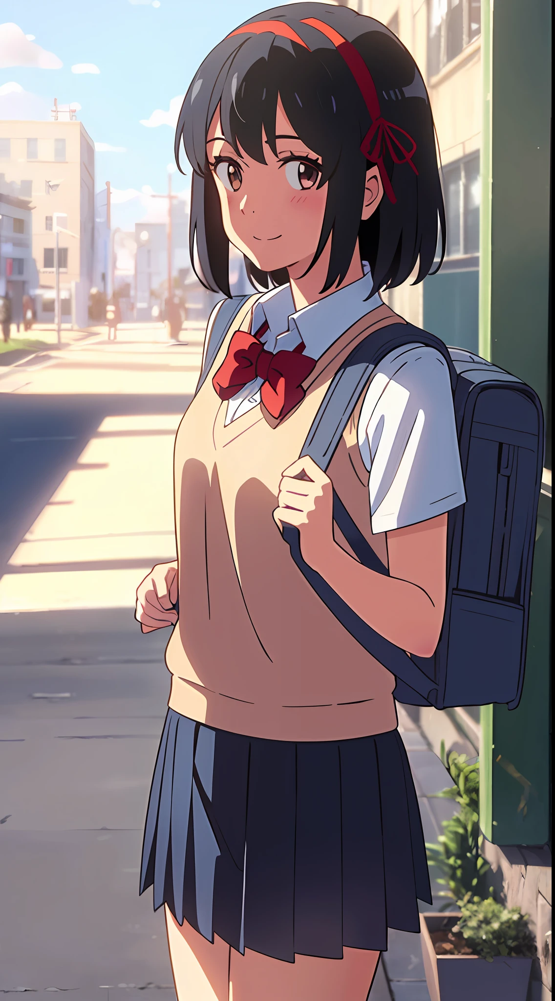 shinkai makoto, kimi no na wa., 1girl, bangs, black hair, blush, brown eyes, sky, cloud, collared shirt, looking at the viewer, outdoors, headband, red headband, ribbon, red ribbon, bow, red bow, school uniform, short hair, smile, solo, shirt, white shirt, sweater vest, blue sweater vest, vest, blue vest, skirt, blue skirt, short sleeves, school backpack