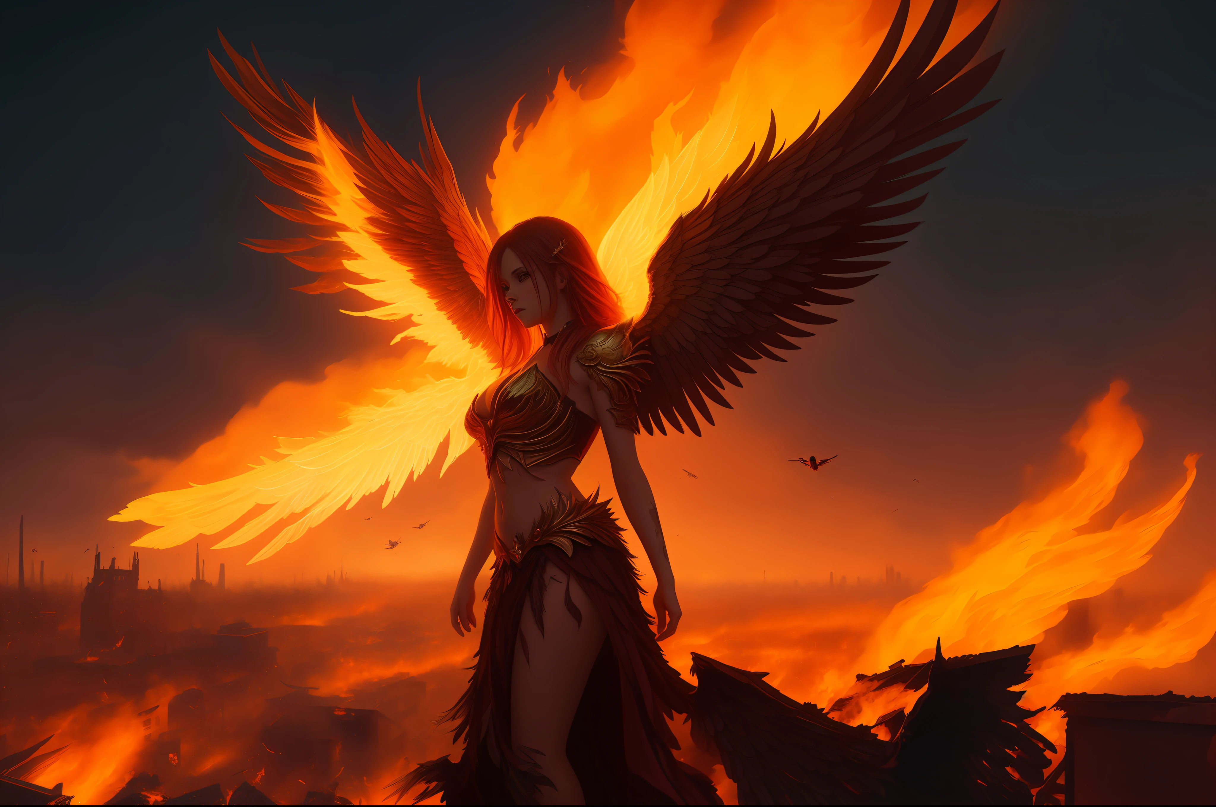 A 4K contrapicado digital painting of an injured evil fallen female angel with large wings surrounded by flames, plumage falling around, amidst crumbling rooftops in a burning apocalyptic city. Use shallow depth of field focused on the angel, cinematic lighting and shadows, in high resolution details.