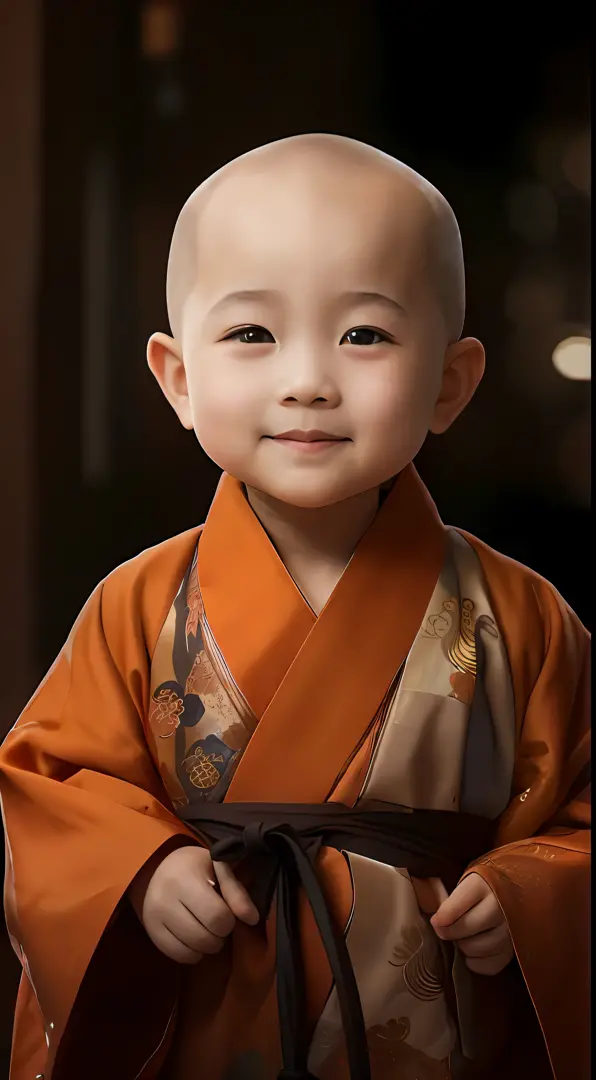 Close-up of a bald child in a robe, lovely digital painting, monk clothes, ancient japanese monk, high quality portrait, buddhis...