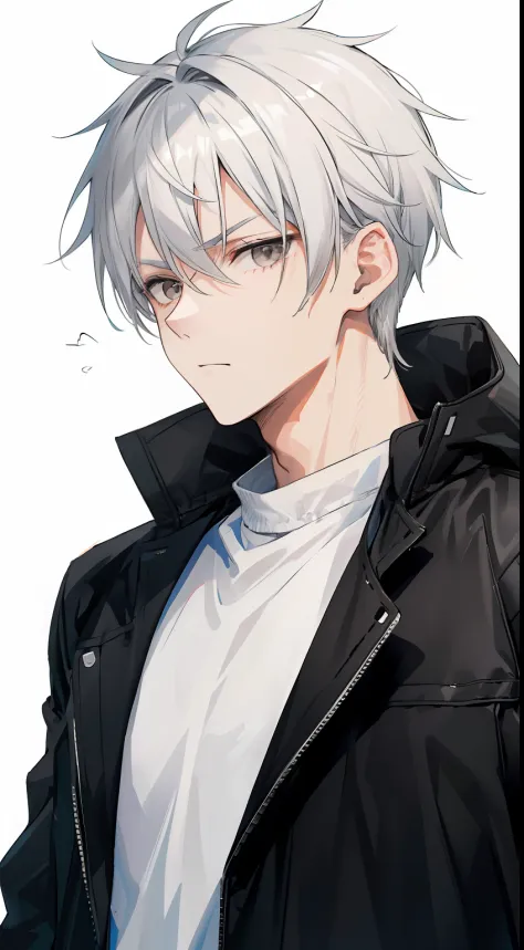 A man, gray hair and white eyes, wearing black jacket, in basketball court, badass, mascular, no expression