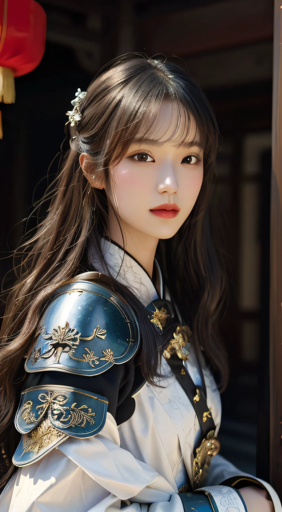 ((Best quality, 8K, Masterpiece :1.3)), Whole body, Long legs, Sharp focus :1.2, Pretty Women with Perfect Figure :1.4, Slender abs :1.1, red Chinese clothing on the lower body, Hanfu, Hanfu, Black Chinese armor on the upper body, worn armor, Highly detailed face and skin texture, Detailed eyes, 二重まぶた, Beautiful curves, Upper body, looking at viewert, Vacant land, battlefield, high resolution, Depth of field