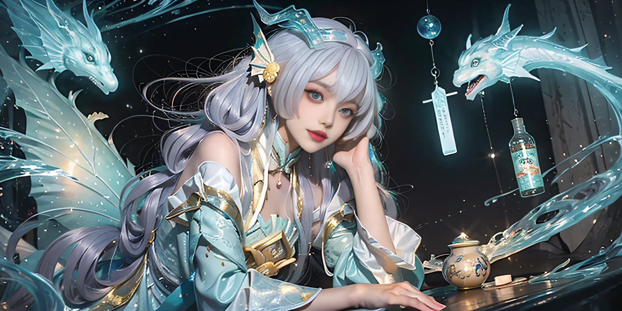 Close-up of a woman in costume, full body fairy, beautiful celestial mage, stunning young ethereal character, beautiful fantasy queen, astral witch costume, Shaxi, flowing magic robe, white Hanfu, fairy fantasy, beauty Delfin, ethereal fantasy, elegant and charming cosplay, Hirase Jinyao, half lying on the ground, charming and colorful, very tumultuous, a sports car behind, night punk style metropolis! Lots of neon