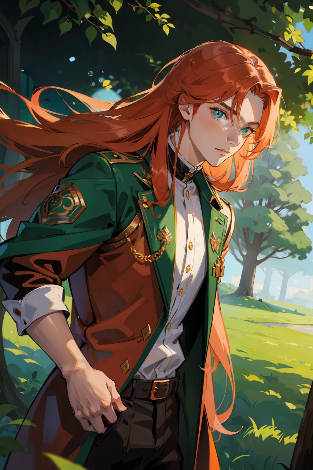 Guy, copper long hair, green colored eyes