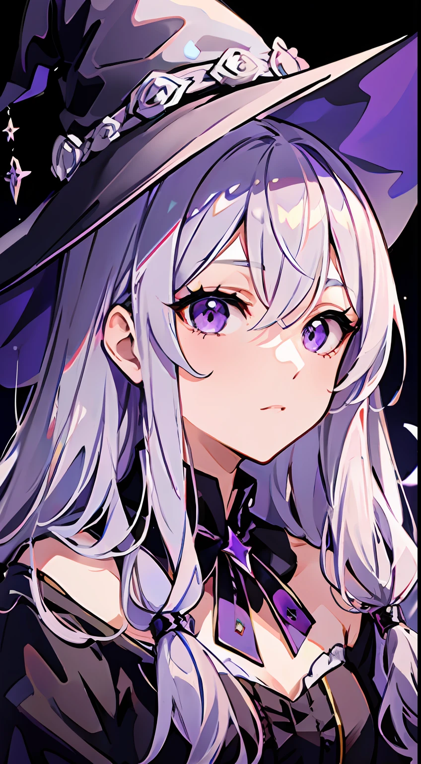 tmasterpiece, Silvery hair, Purple eye, long whitr hair,Witch Hat，A beautiful face，Cute anime face