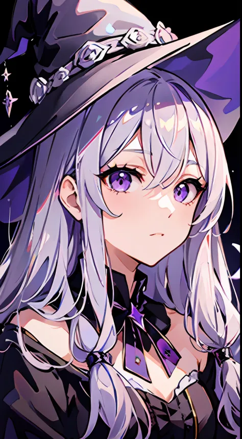 tmasterpiece, silvery hair, purple eye, long whitr hair,witch hat，a beautiful face，cute anime face