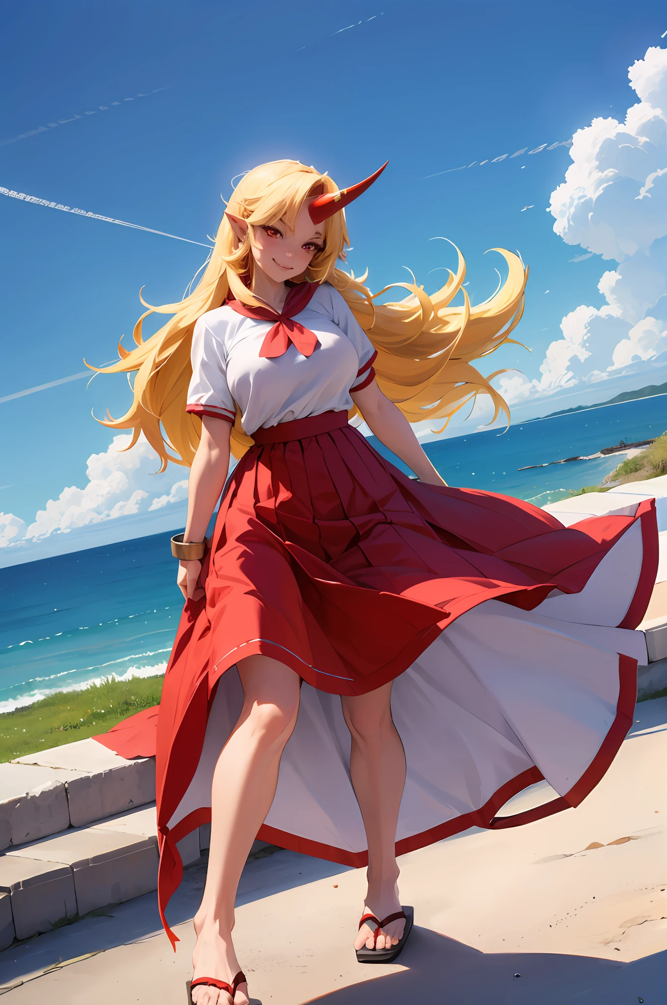 hoshiguma yuugi,1girl,single horn, pointy ears, blonde hair, long hair,yellow eyes,s ,white shirt,skirt,, muscle girl, huge breast,walking, single horn, long skirt, flip flops, sharpteeth, smile, tomboy,very long skirt, blue and red skirt, traditional germanic dress, red eyes, medieval city,full body