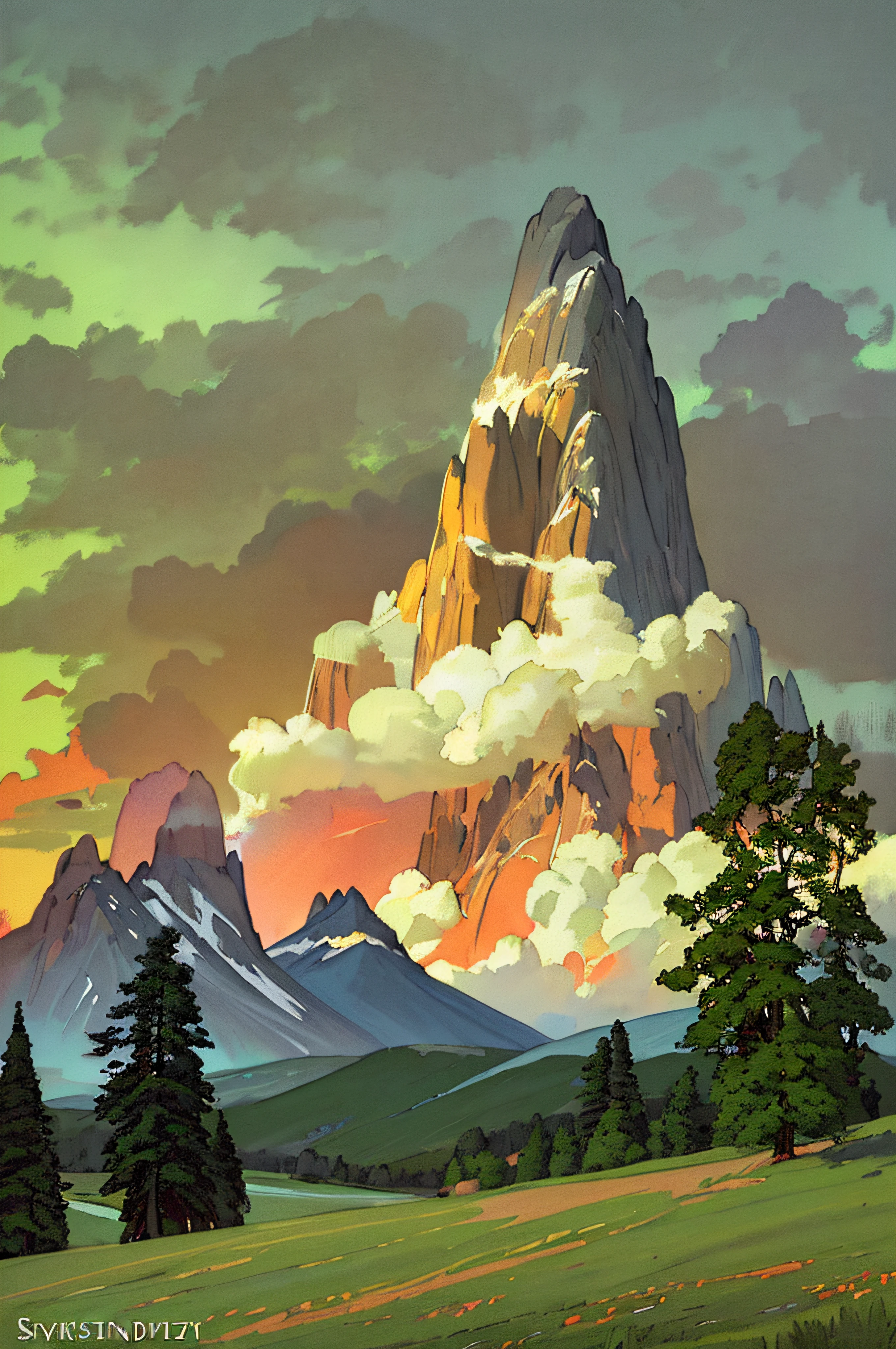 painting by sargent and rhads and leyendecker and greg hildebrandt evening sky, low thunder clouds foothpath with trees at indian summer with zugspitze fitz roy in background, colours green, dark green, green, light blue, light green, blue black and white, acuarela