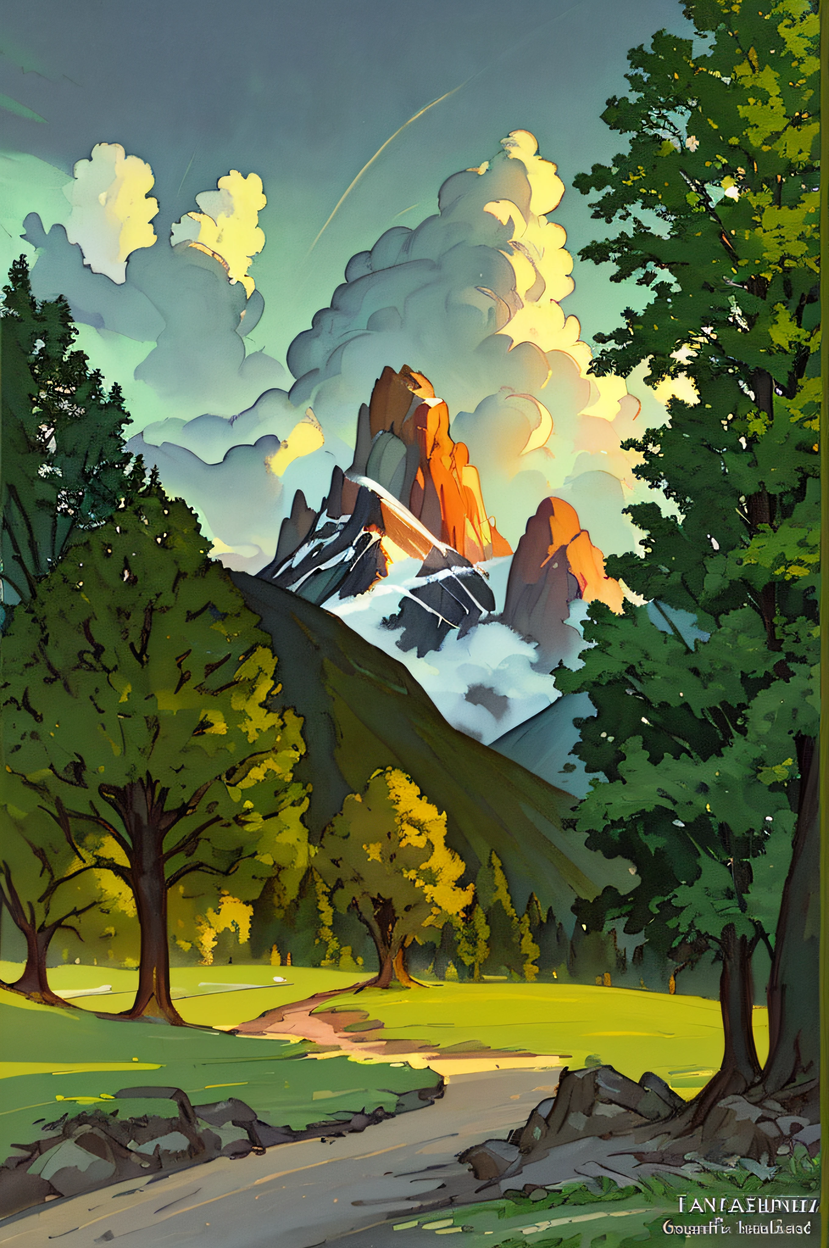 painting by sargent and rhads and leyendecker and greg hildebrandt evening sky, low thunder clouds foothpath with trees at indian summer with zugspitze fitz roy in background, colours green, dark green, green, light blue, light green, blue black and white, acuarela