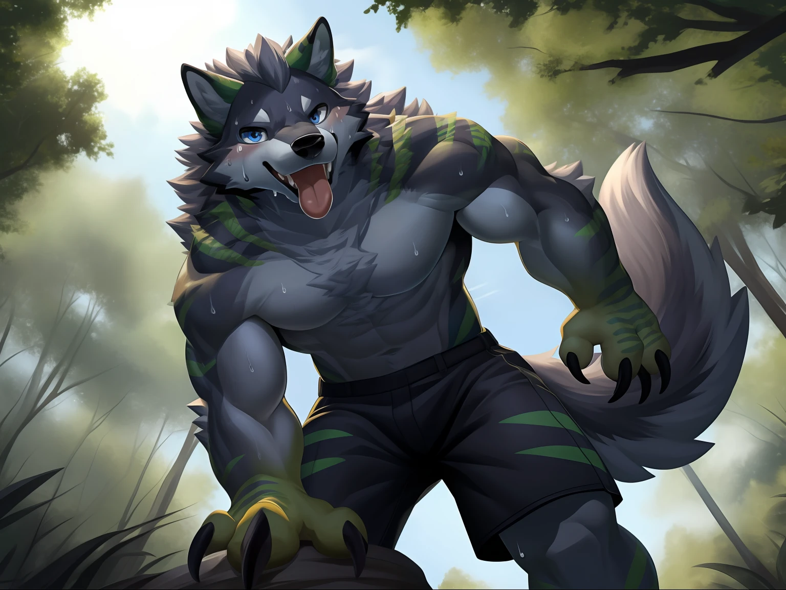 ,eyes with brightness, in a panoramic view, Character focus ，solo, shaggy, Furry male wolf， Grey fur for men, blue color eyes, Gray hair(The long），Bare body，grey shorts（Green stripes），Stand in the forest，Young style，height of one meter seven，Handsome， has a tail，Bust，drools，Stick out her tongue，bodily fluids，Sweat，sportrait, wide angles, dynamic angle，Sharp claws