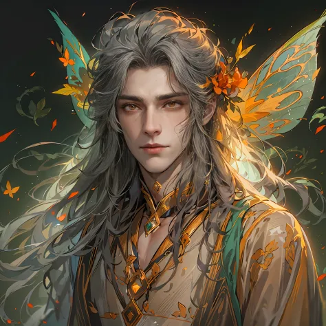 1boy，ancient fairy costumes，orange eyes，long flowing hair，handsome face，cool，cold，semi-realistic,meticulous facial features,wear...